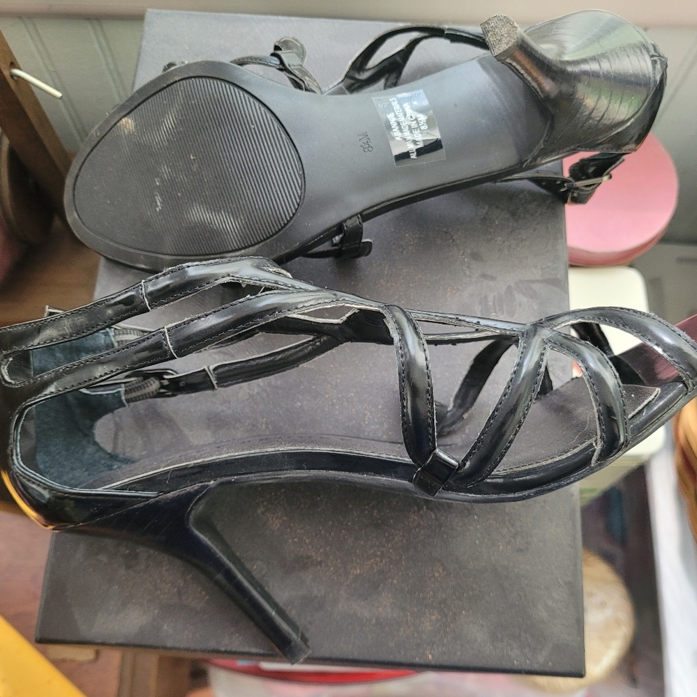 Audrey Brooke black patent back zip strappy sandal